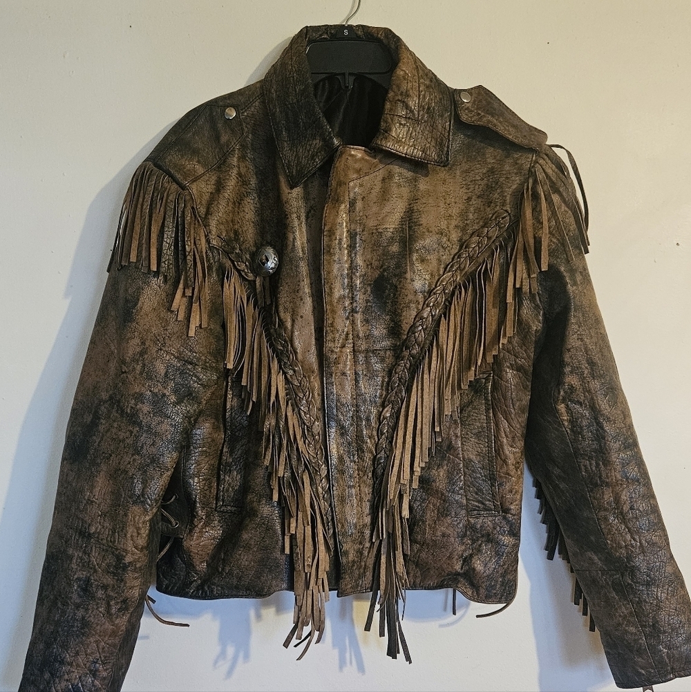 Vintage Western Fringe Real Leather Jacket Brown Distressed Boho Biker Cowgirl - Picture 2 of 16
